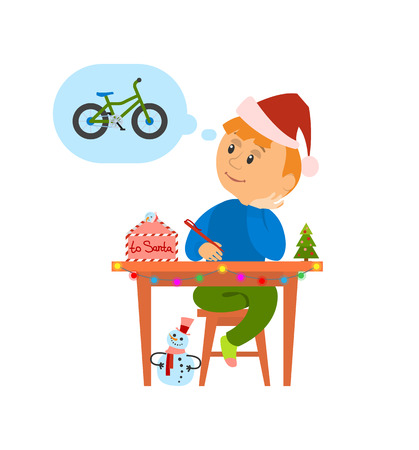 Christmas holidays preparation, letter to Santa Claus vector. Boy thinking of wish to make, kid writing mail dreaming of new bicycle. Child with pineのイラスト素材