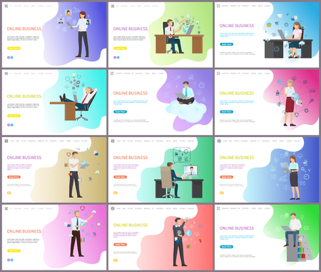 Online business, workers working with laptops vector. Distant job, freelancers at office sitting by desks with computers. Global partnership companyのイラスト素材