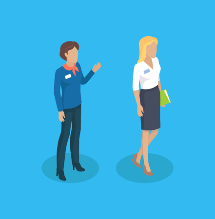Secretary and manager waving hand in greeting gesture. Woman wearing formal suit holding file of papers. Working business ladies 3d isometric vectorのイラスト素材