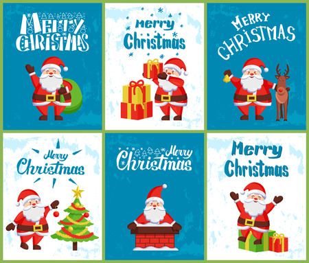 Merry Christmas, Santa Claus skating on skate rink, send greetings with bag, decorating Xmas tree, sitting in chimney pipe, with reindeer helper and gift boxes vectorのイラスト素材