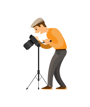 Photographer adjusting digital camera on tripod. Man setting device to take photo. Picture creating process cartoon vector illustration isolated.のイラスト素材