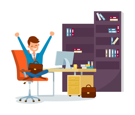 Business worker sitting in chair in office at work vector. Director relaxing, stretching boss with good mood. Room interior with case files, foldersのイラスト素材