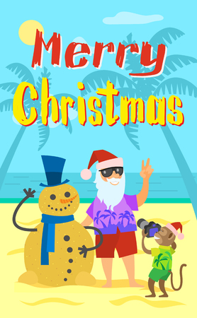 Merry Christmas, Santa Claus making photo with snowman made of sand in winter hat and scarf. Monkey and Saint Nicholas on summer holidays, vector New Yearのイラスト素材