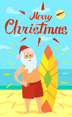 Merry Christmas, Santa Claus and surfing board, character on summer rest. Vector Saint Nicholas surfer in tropical country, man in hat and beard, vectorのイラスト素材
