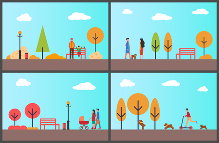 People walking in autumnal park, fall season set vector. Father and daughter, parents with pram and newborn child. Male riding scooter on lush natureのイラスト素材