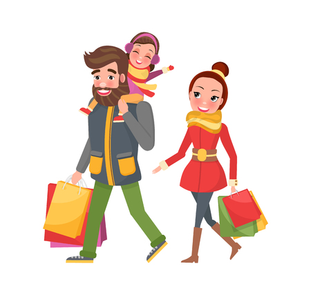 Christmas family shopping day. Woman in red overcoat with yellow scarf and man in jacket and green trousers with child sitting on shoulders vectorのイラスト素材
