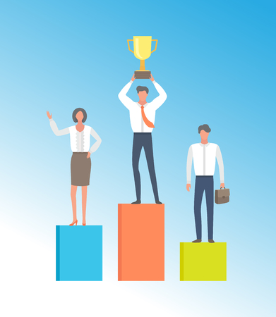 People on winners podium isolated vector. Businessman achieving business excellence, man on pedestal win first prize golden trophy cup, cartoon charactersのイラスト素材