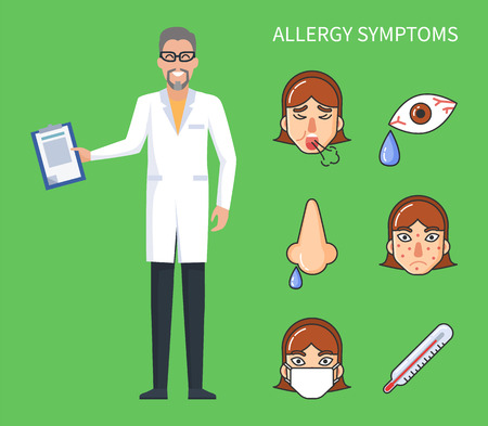 Allergy symptoms poster, cough and rhinitis with high temperature and headache. . Seasonal flu symptoms vector poster with doctor and fever symbolsのイラスト素材
