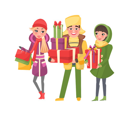 Christmas shopping happy people with presents vector. Xmas preparation, winter holiday approaching, man carrying gift boxes decorated with tape bowsのイラスト素材