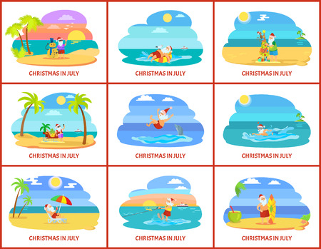 Christmas winter holiday celebrating in summer vector. Santa Claus character with presents and gifts in form of tree, surfing board and palm treesのイラスト素材