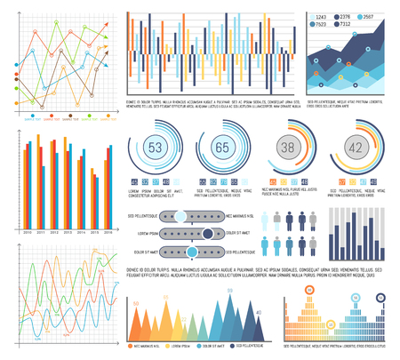 Pie diagrams with segments and flowcharts set vector. Visualisation of business results, data in visual form. Percentage and numeric info statisticsのイラスト素材