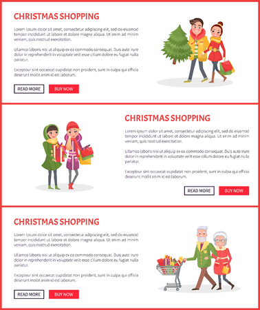 Christmas shopping, people with evergreen tree web pages vector. Pensioners buying present pulling cart, holiday preparation process, purchasing giftsのイラスト素材