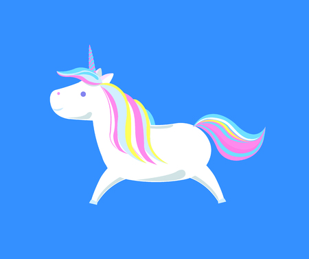 Sweet unicorn from legend, mysterious horse from fairy tale isolated. Imaginary pet with rainbow color horn and mane, cartoon horse for print on t-shirtsのイラスト素材