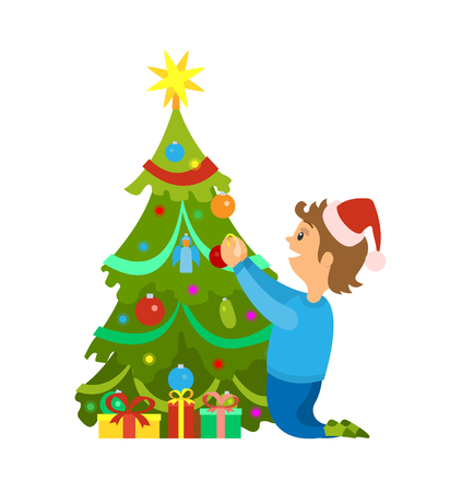 Christmas holidays, New Years eve tree decoration with baubles and toys. Man wearing santa claus hat putting balls and garlands on evergreen spruceのイラスト素材