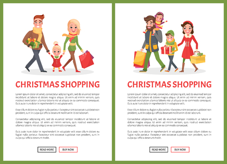Christmas holiday, shopping family web pages set vector. Parents and kids with paper packages, gifts and presents on xmas winter event celebrationのイラスト素材