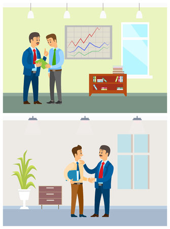 Working task and orders, boss and office employee. Manager and clerk, documents in folder, company interior, financial company vector illustrations.のイラスト素材