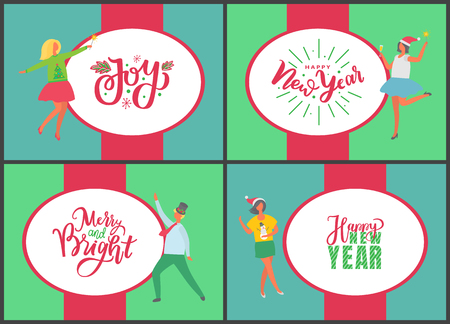 Jingle bells happy New Year and Merry Christmas celebration posters on multicolor background. People with champagne drinking alcohol and dancing. Fun party of man and womanのイラスト素材
