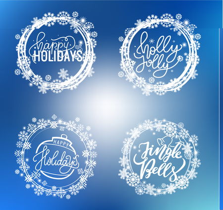 Holly Jolly, Merry Christmas, Happy Holidays doodles, calligraphic inscriptions. Vector wishes lettering sign, postcards in wreath tag, snowflakesのイラスト素材
