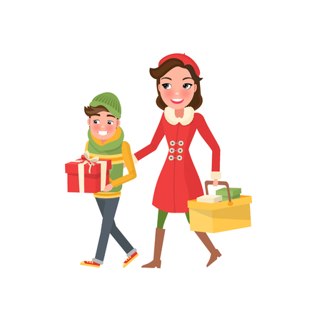 Young mom and boy with wrapped gift boxes and packages with presents. Cartoon style female, customers isolated. Mother and son do shopping togetherのイラスト素材