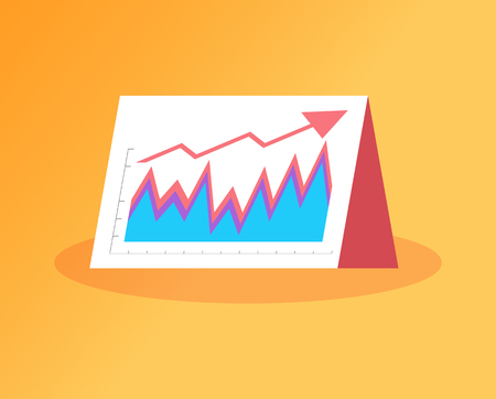 Increase of sales, banner with arrow and raising graphs and charts. Standing paper with statistical information vector in flat style isolated on orangeのイラスト素材