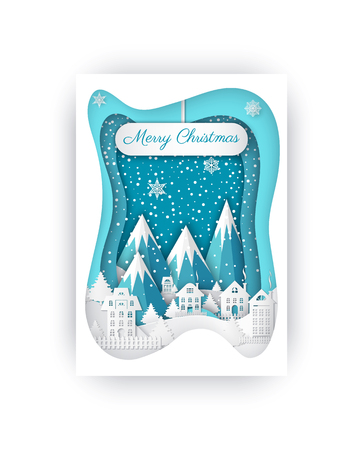 Merry Christmas greeting card template with rocky mountains and paper cut houses with fence. Brochure design with winter landscape, cut out homes vectorのイラスト素材