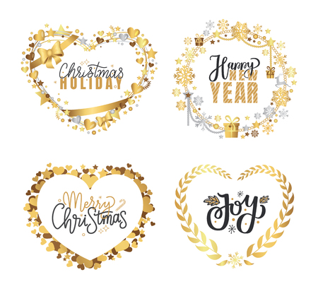 Holly Jolly, Merry Christmas, New Year, Happy Holidays and warm wishes, cookies for Santa lettering text, Xmas greeting cards with ornamental golden frames and heart form on white backgroundのイラスト素材