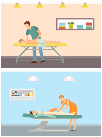 Massage and body wrap wrapping for slimming and detoxifying procedures in beauty salon. Masseur and professional working with woman client set vectorのイラスト素材