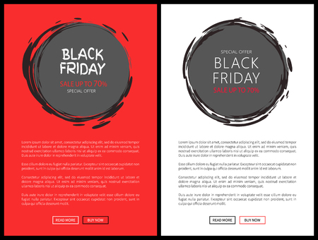 Save up to 70 percent on Black Friday price tag templates, big sale in November. Vector discount round badges with sketch frame on website pages, push buttonsのイラスト素材