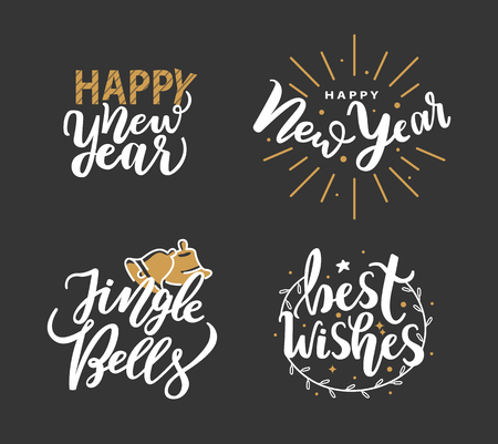 Happy New Year, Jingle bells and Best wishes inscription, lettering sign, happy winter days greetings. Typography doodle text, calligraphic letters on blackのイラスト素材