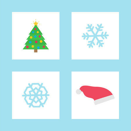 Christmas party paper decoration. Two different blue snowflakes and fir-tree with colored balls and yellow star. Red Santa Claus hat vector illustrationのイラスト素材