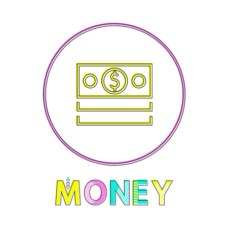 Money dollar bills depiction with symbol for bank-house website interface. Lineout framed color icon in minimalistic style with cutline on whiteのイラスト素材