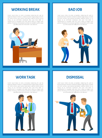 Working break in office, businessman relaxing in chair at workplace vector. Boss discharging employee from duties, leader unsatisfied with staff jobのイラスト素材