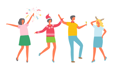 Christmas party, happy coworkers dancing at corporate fest, celebrating New Year and Xmas holiday. Vector cartoon style people with champagne, flapperのイラスト素材