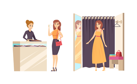 Shopping young female in changing room vector. Lady trying dress and person with gold shining ring, diamond and gem. Fashion and styling of girlsのイラスト素材