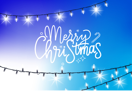 Merry Christmas blue background with glittering garlands. Vector bright lights, bulbs on thread, winter holiday decoration elements sparkling, realistic designのイラスト素材