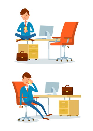 Worker with drink of tea, businessman talking with client on phone vector. People director man working in office by table with computer and suppliesのイラスト素材