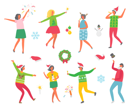 Christmas party people and symbolic winter images isolated icons set on white background. Wreaths with mistletoe and spruce evergreen tree. Man and woman dancing togetherのイラスト素材