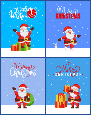 Merry Christmas Collection Cards with Happy Santa. Vector of cartoon Jack Frost sitting on gift boxes and spreading hands like sending us Warm Wishesのイラスト素材