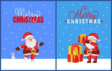 Merry Christmas greeting cards with Santa and bunny. Vector cartoon image of Jack Frost with hare helper. Joyful Father Christmas fold up gift boxesのイラスト素材