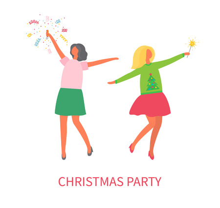 Christmas party, women in skirts and sweater with bang flapper. Confetti, vector female and party cracker exploding, flat design. Girls celebrating New Yearのイラスト素材