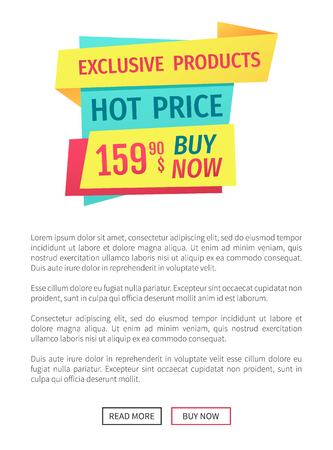 Exclusive products for hot price to buy now e-commerce advertising label element in landing page. Shop or store website profile with geometric banner.のイラスト素材