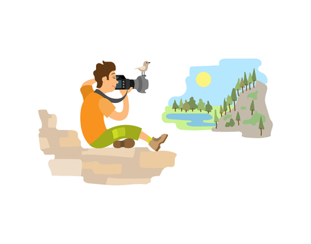 Photographer on rock taking picture of landscape. Man holding digital camera with powerful zoom lens, mountain and river vector illustration isolated.のイラスト素材