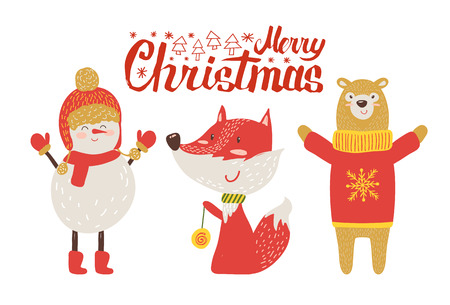 Merry Christmas postcard, retro animals in cartoon style. Smiling snowman in winter hat, fox playing with Xmas ball, bear in sweater with snowflake vectorのイラスト素材