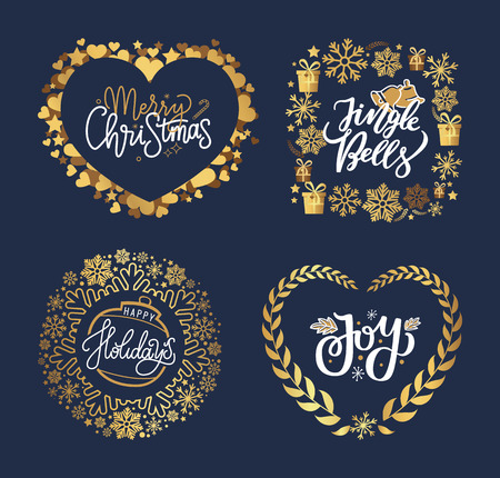 Holly Jolly, Merry Christmas, New Year, Happy Holidays and warm wishes, cookies for Santa lettering white text, Xmas greeting cards with ornamental golden frames and heart form on black backgroundのイラスト素材