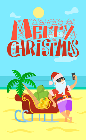 Merry Christmas, Santa Claus and sleigh full of bananas and grapes, palm tree. Vector New Year Character in tropical country at coastline, sand and seaviewのイラスト素材