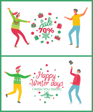 Christmas sale seventy percent price reduction vector. People dancing celebrating new year approaching, good shops deals and market proposition offersのイラスト素材
