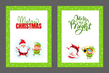 Happy Holidays and Merry Christmas Cards with Santa and Elf. Helper dwarf listening music on boombox and dancing break dance vector cartoon characters isolatedのイラスト素材