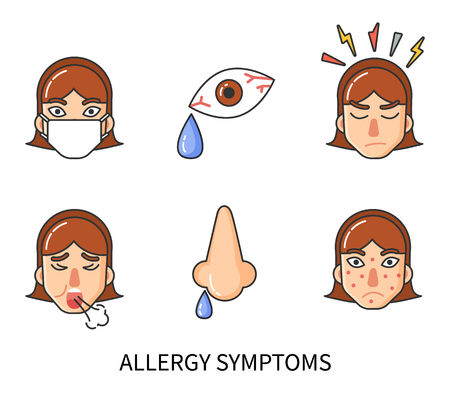 Allergy symptoms of person suffering from pain isolated icons set vector. Runny nose, rash face skin, anger and cough, tear drop. Sensitivity of bodyのイラスト素材