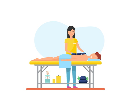 Massage using hot stones technique with heat methods. Masseuse and male client relaxing on table, isolated icon, treatment of patient lotions vectorのイラスト素材