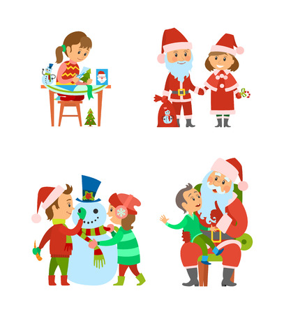 Santa Claus and helper, children on winter holidays vector. Christmas characters with presents in sack, girl making handicraft gifts. Boy telling wishのイラスト素材